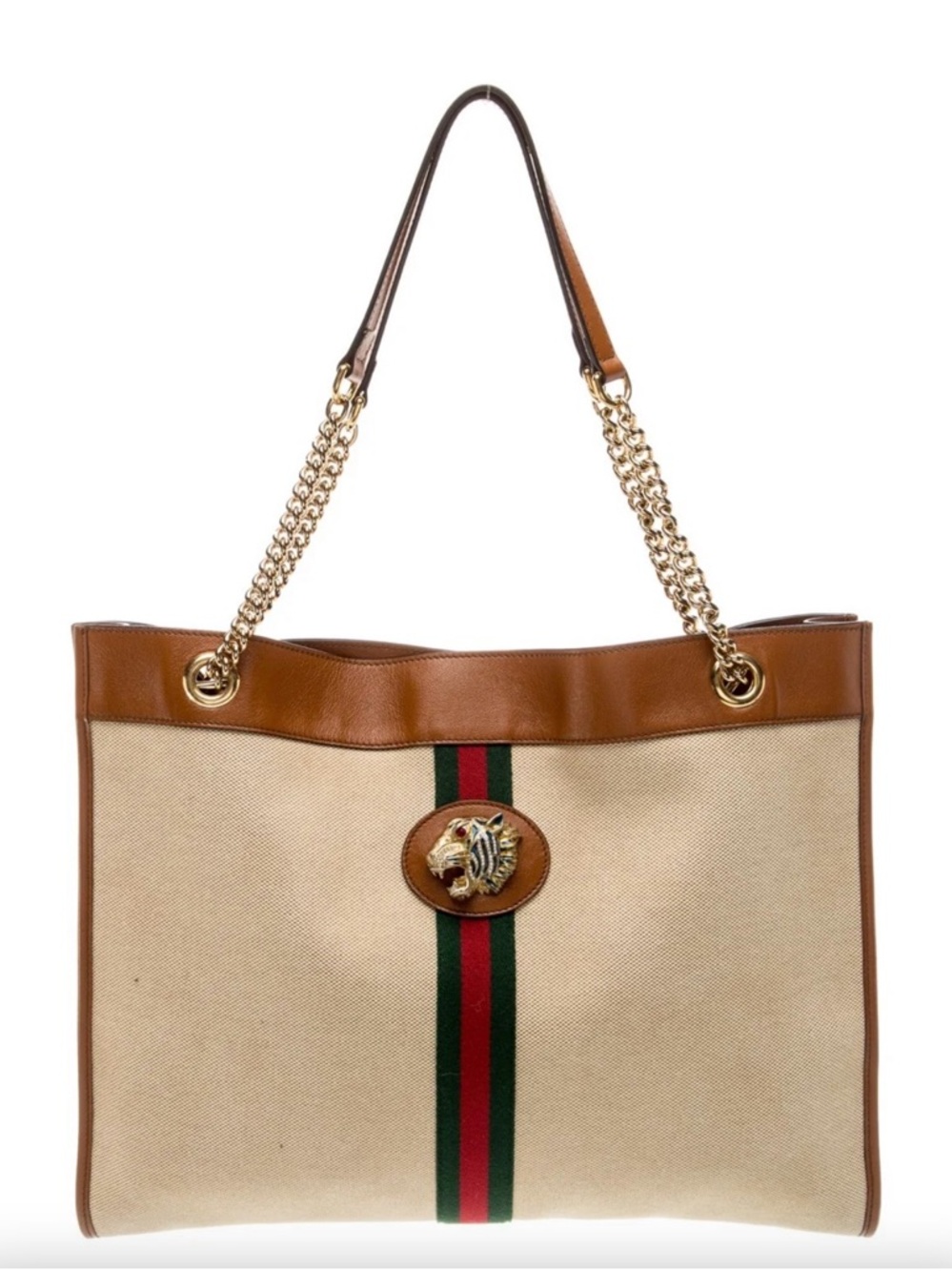 Designer-Inspired Tan and Cream Tote with Green-Red Stripe